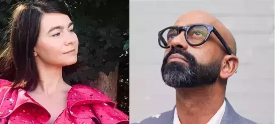 Madison Mainwaring in a pink blouse and Brendan Fernandes in a gray suit coat with black framed glasses.
